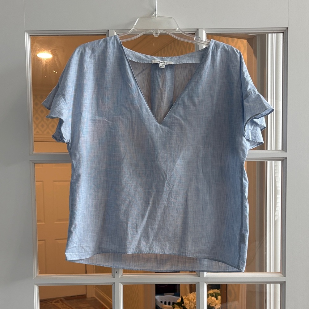 Madewell Linen Light Blue V-Neck Blouse